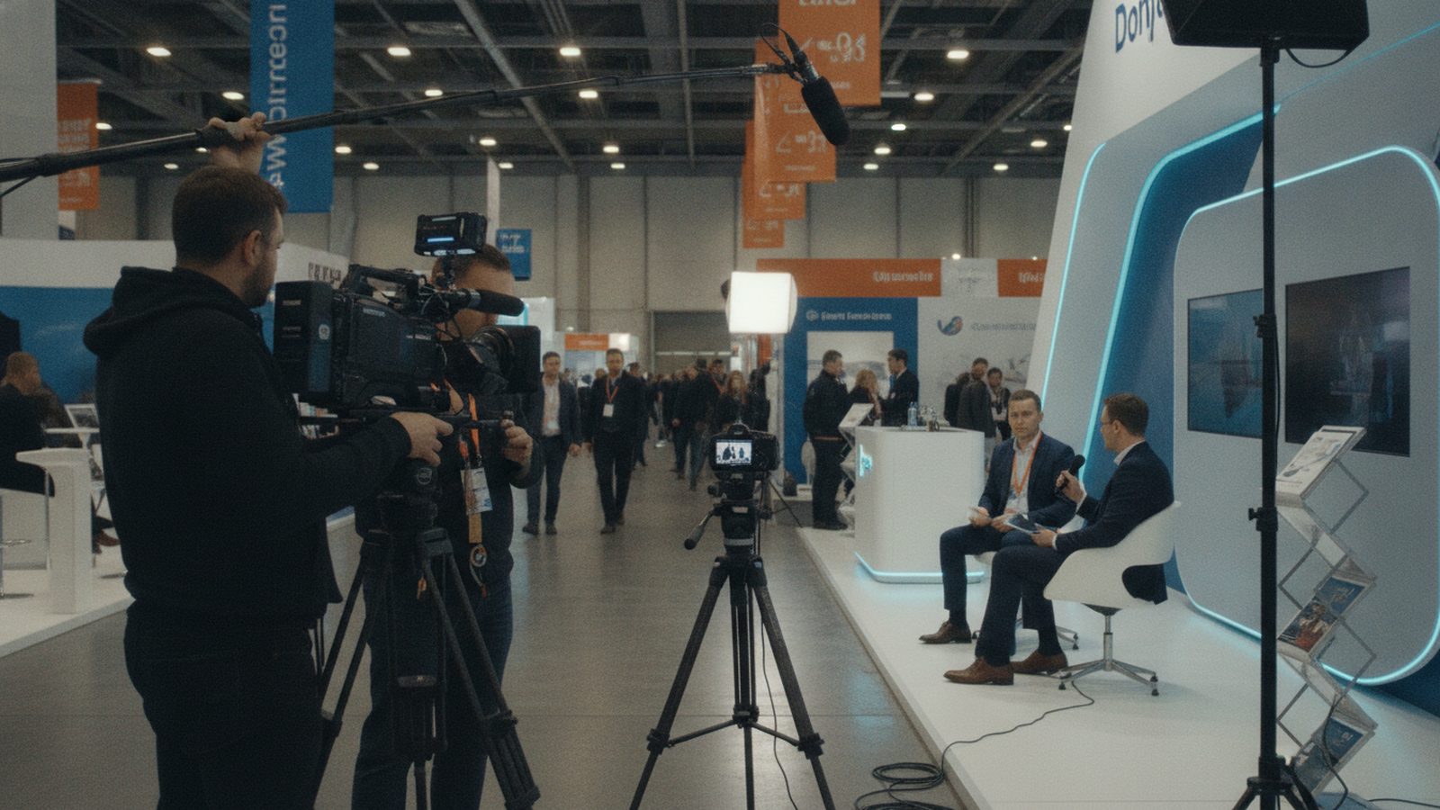 Camera crew with boom microphone and tripod camera filming an interview with two men on the stage of a trade fair stand, a busy aisle in the background