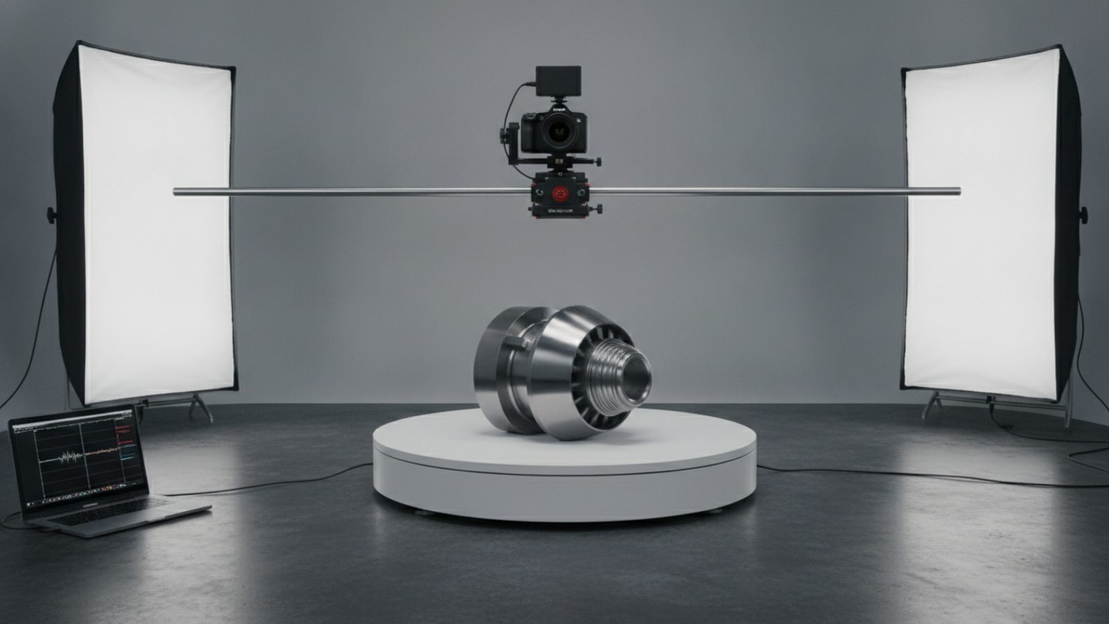 Metal machine part on a white turntable in a studio, a camera on a slider above it and large softboxes on both sides
