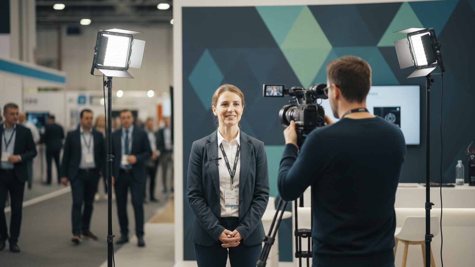 Customer being interviewed with a clip-on microphone in a quiet corner of a trade fair stand, camera in the foreground