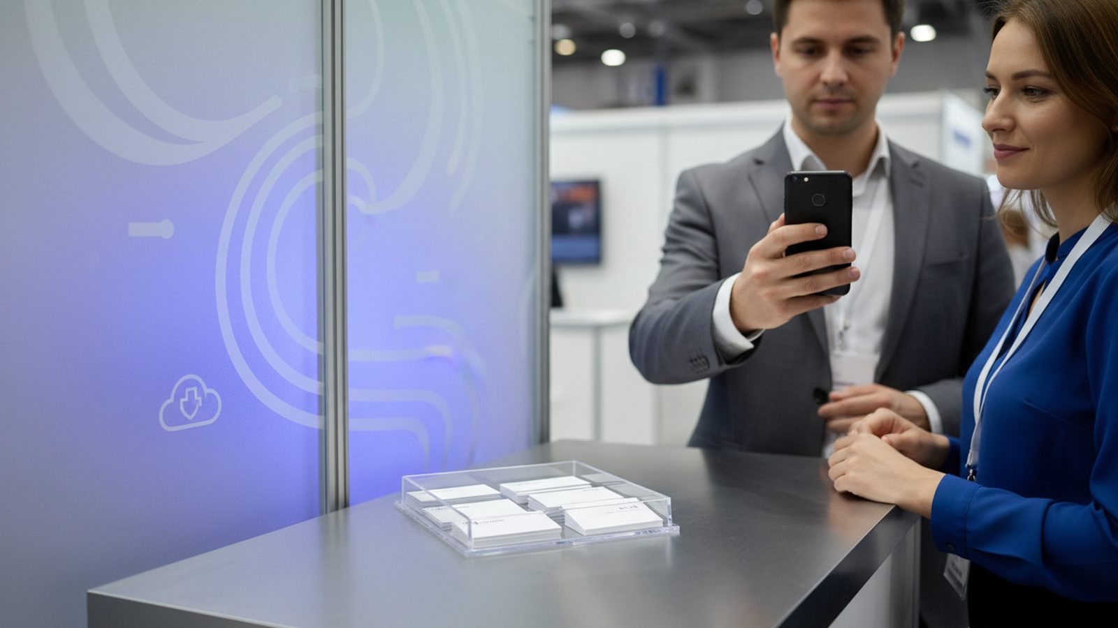 Standmitarbeiterin erfasst am Messestand die Kontaktdaten eines Besuchers auf einem Tablet, daneben liegen Visitenkarten mit dem Text nach unten