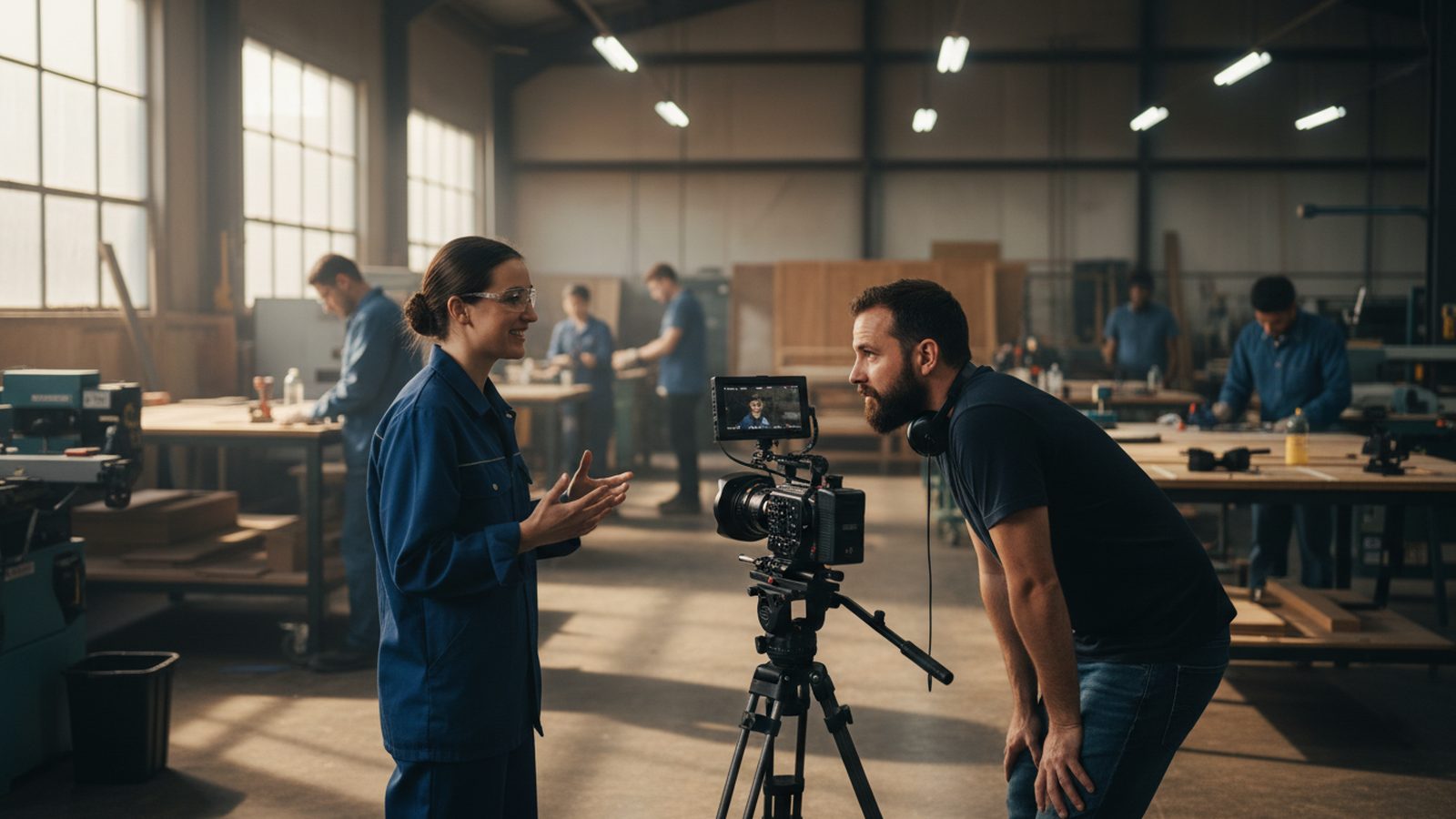 Employee in workwear talking to an interviewer in a workshop, the interviewer standing next to a camera on a tripod