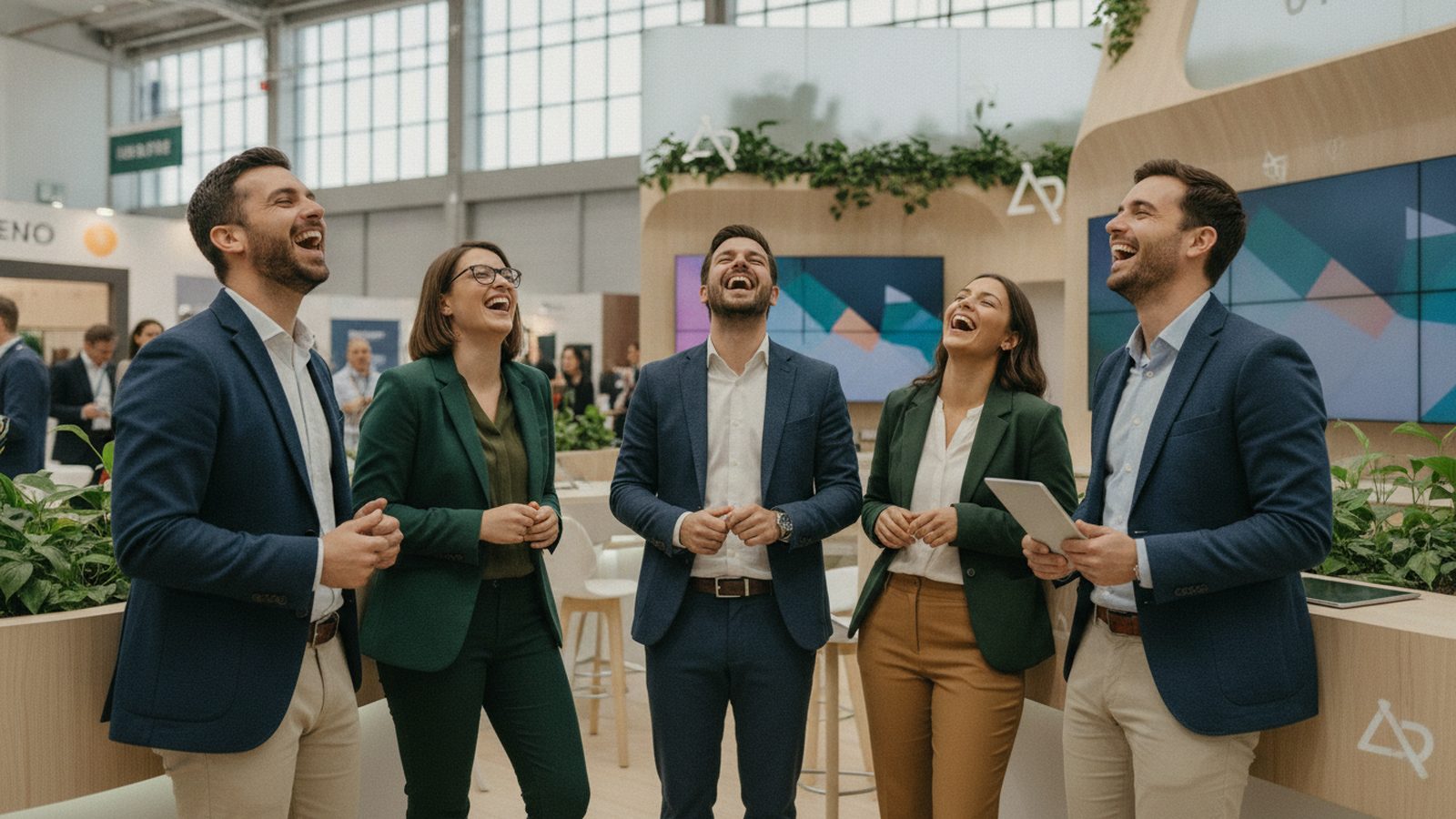 Exhibitor team laughing together on their stand at a trade fair