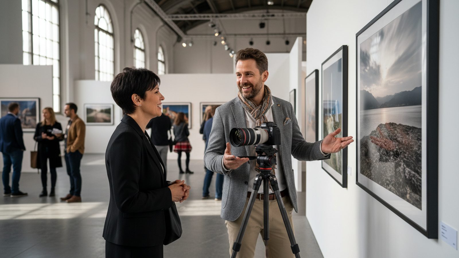 Photographer talking with an international exhibitor team on a trade fair stand