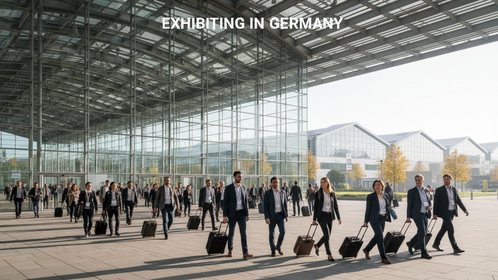 Exhibitors with suitcases and badges arriving at the glass entrance hall of a German exhibition centre