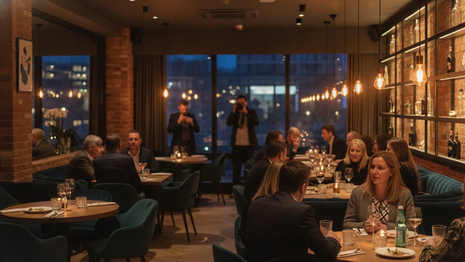 Customer dinner in a restaurant during show week, a photographer and a videographer working in the background
