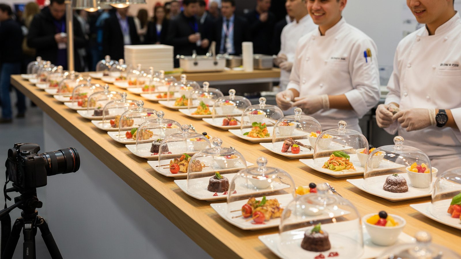 Tasting on a food trade fair stand, stand staff handing freshly plated samples to visitors
