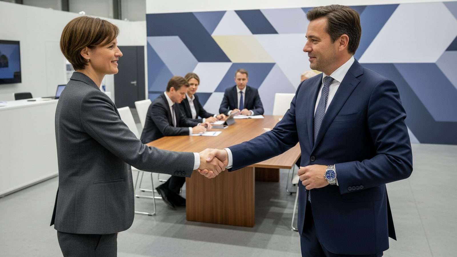 Zwei Geschäftsleute begrüßen sich per Handschlag am Messestand, dahinter Kollegen am Besprechungstisch