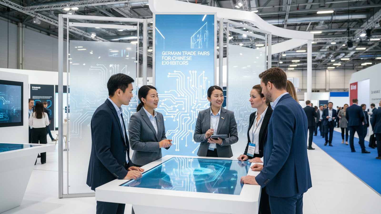 Chinesisches Ausstellerteam präsentiert europäischen Besuchern einen Touchscreen-Tisch auf einer deutschen Messe