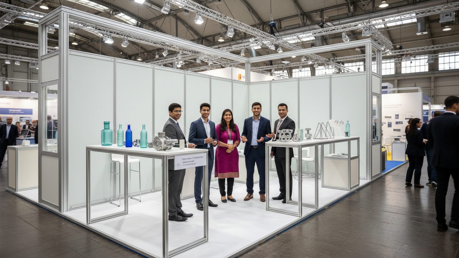 Indian exhibitor presenting a product sample to a visitor at a stand in a German exhibition hall