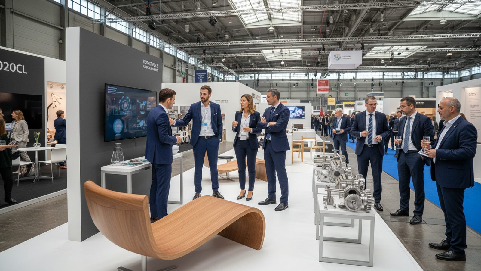 Design-led stand of an Italian furniture manufacturer at a German trade fair, photographed before opening