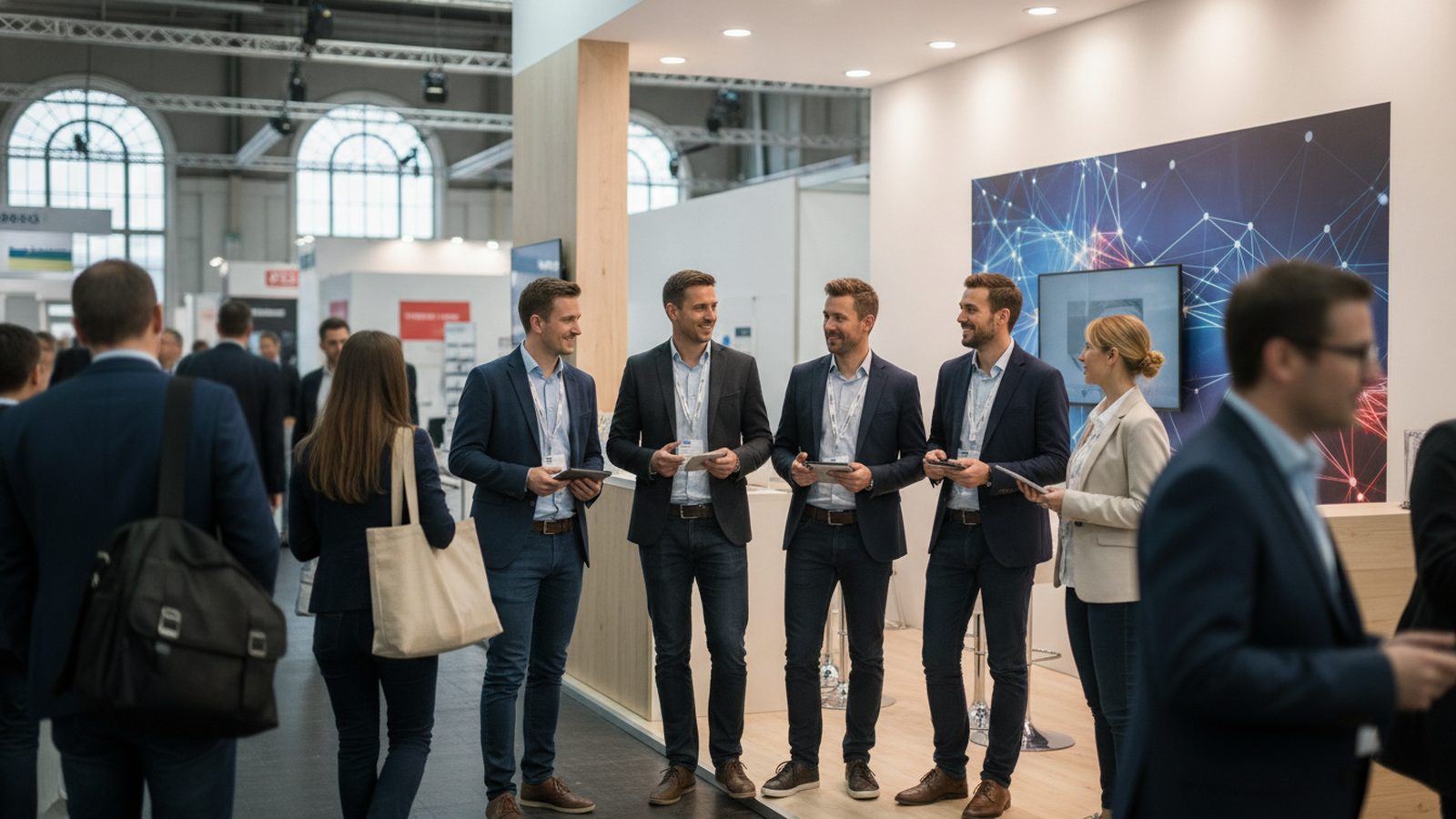 Team of a US company at its stand at a German trade fair talking to European visitors
