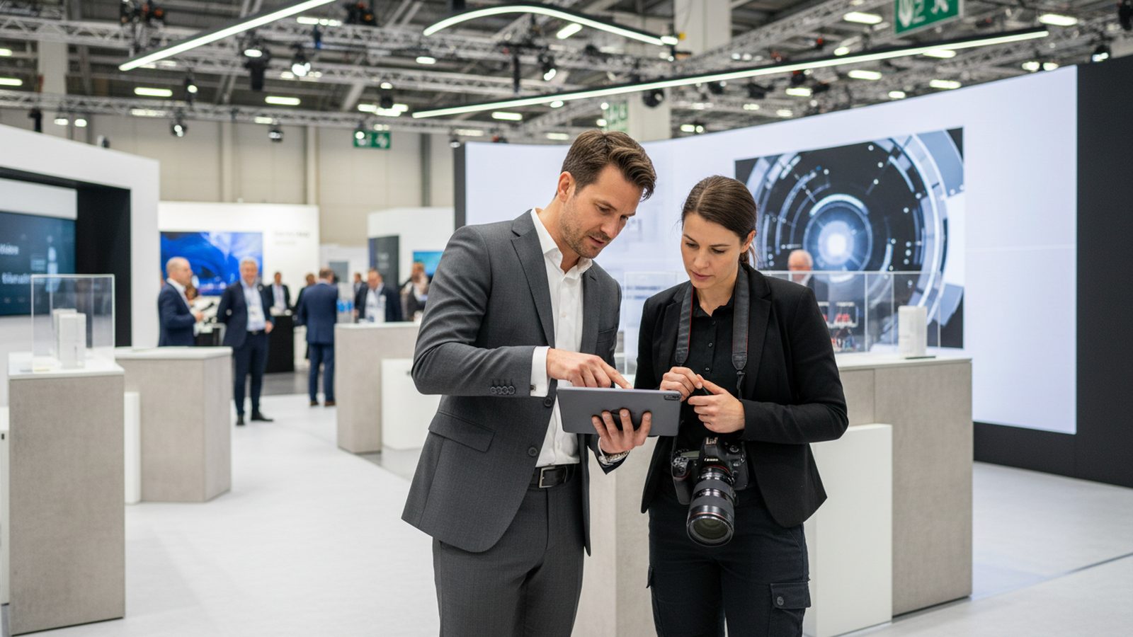 Fotograf bespricht mit der Standleitung vor Messebeginn den Ablauf, Checkliste auf dem Tablet