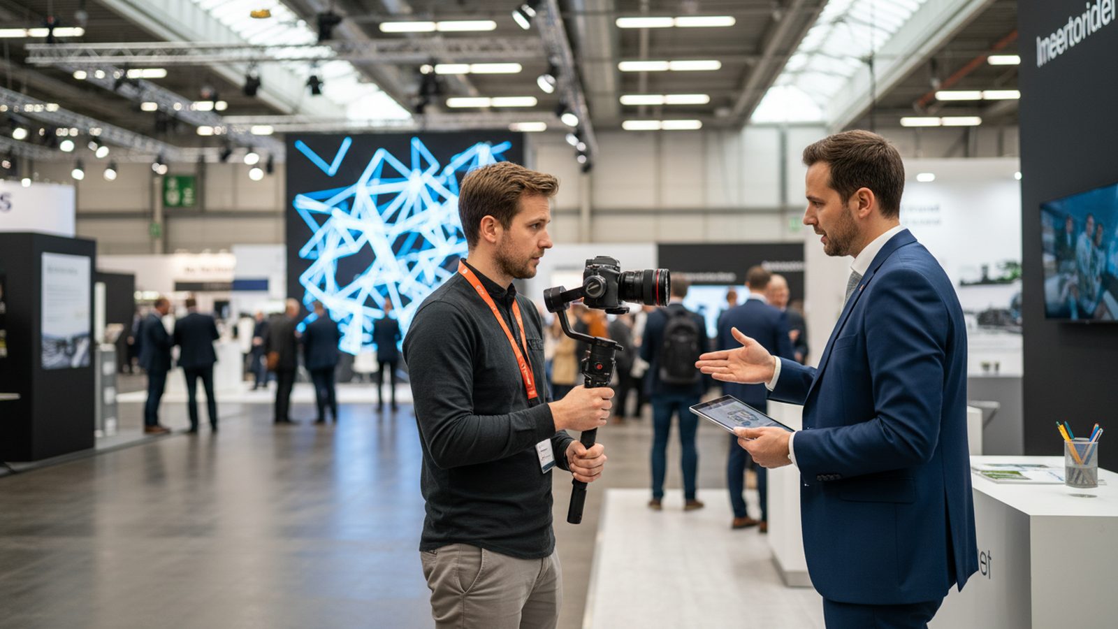 Videograf mit Kamera und Mikrofon filmt ein Gespräch am Messestand