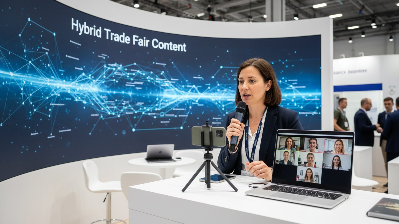 Präsentatorin mit Mikrofon an einem Messestand spricht in ein Smartphone auf einem Stativ, auf dem Laptop verfolgen Teilnehmer den Videocall