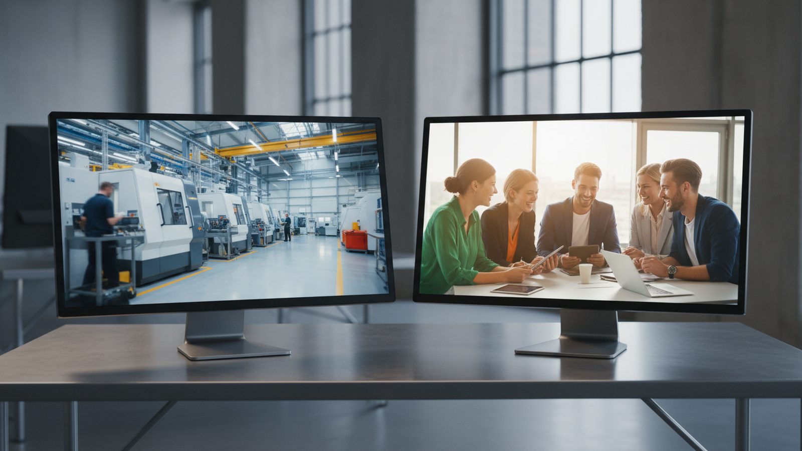 Zwei Monitore nebeneinander: links eine Produktionshalle als Imagefilm-Motiv, rechts ein Team im Gespräch als Recruiting-Motiv