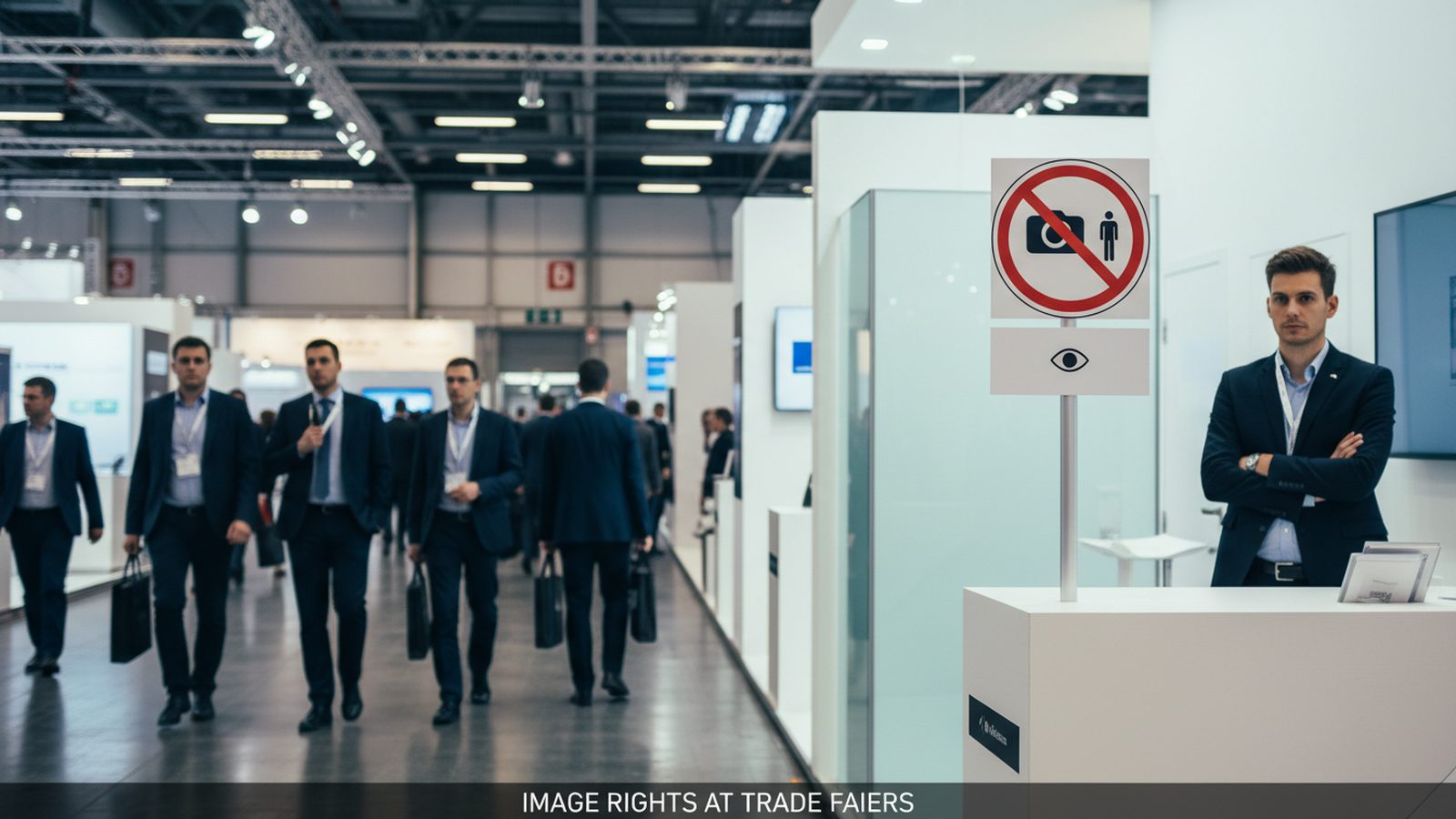 Trade fair stand with visitors in conversation and a notice about photo and video recording at the entrance
