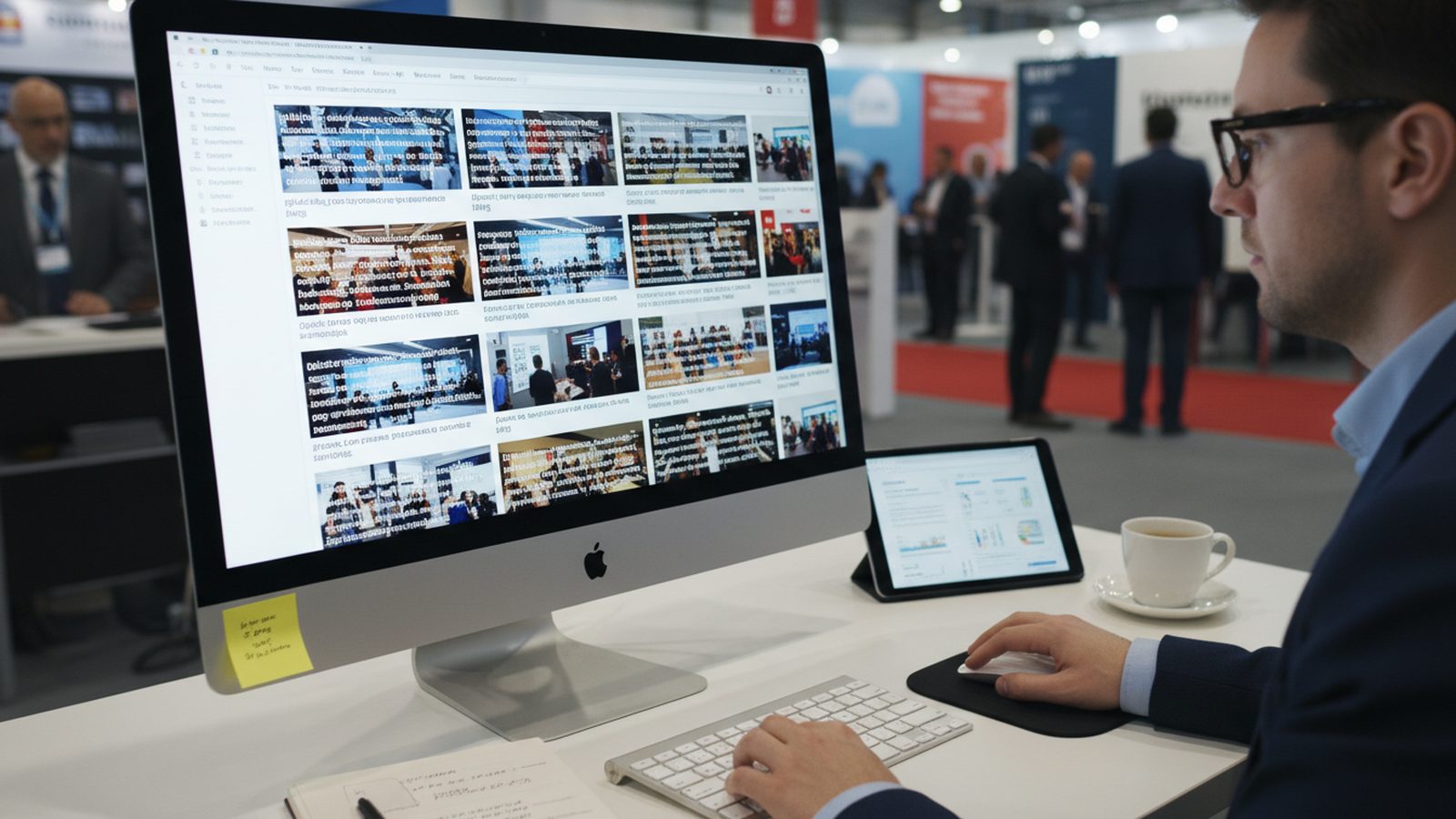 Marketing-Mitarbeiter prüft am Schreibtisch eines Messestands ein Raster von Messefotos auf dem Monitor, im Hintergrund Besucher in der Halle