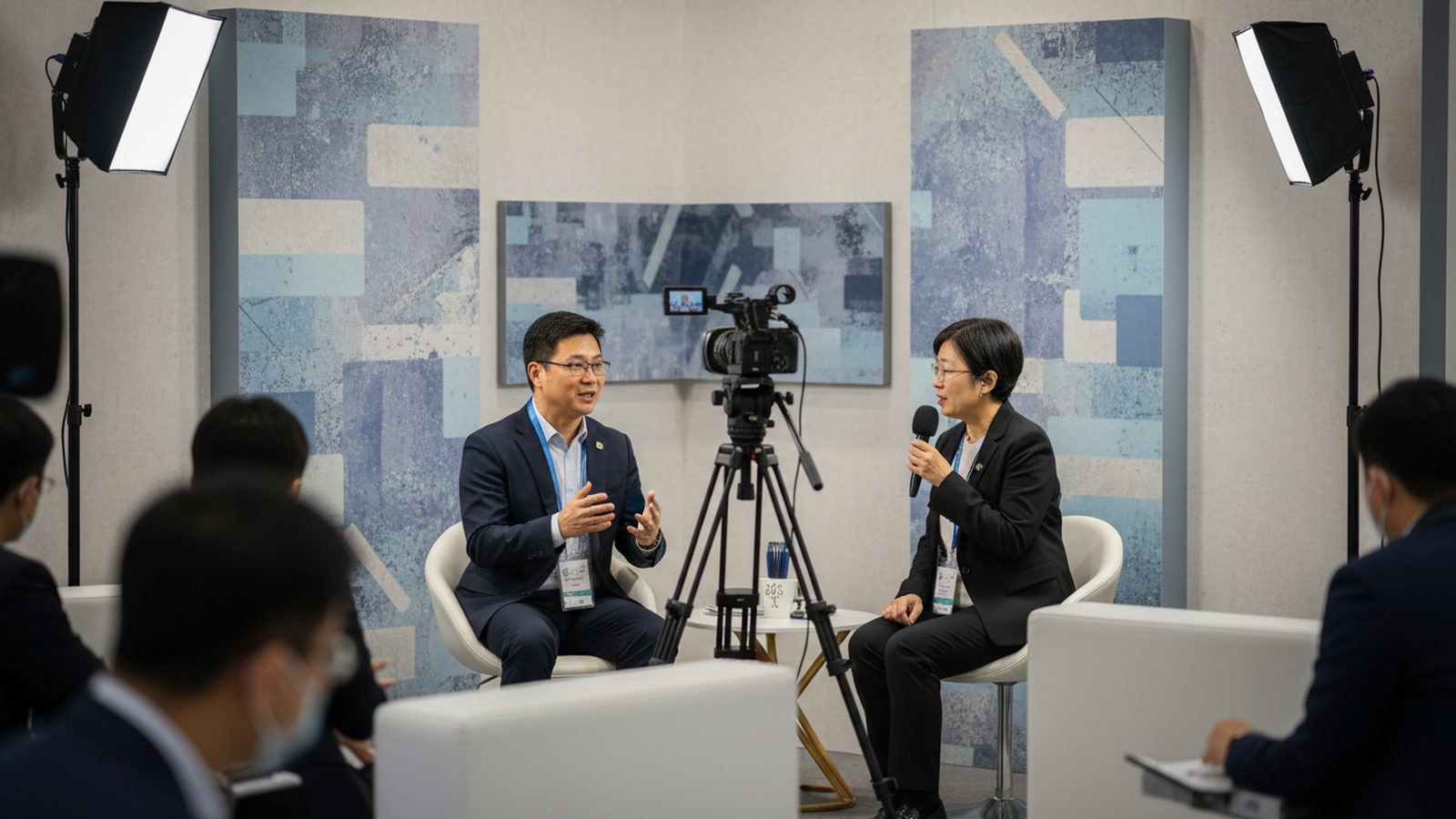 Interview on a trade fair stand, with an interpreter standing next to the interviewer beside the camera