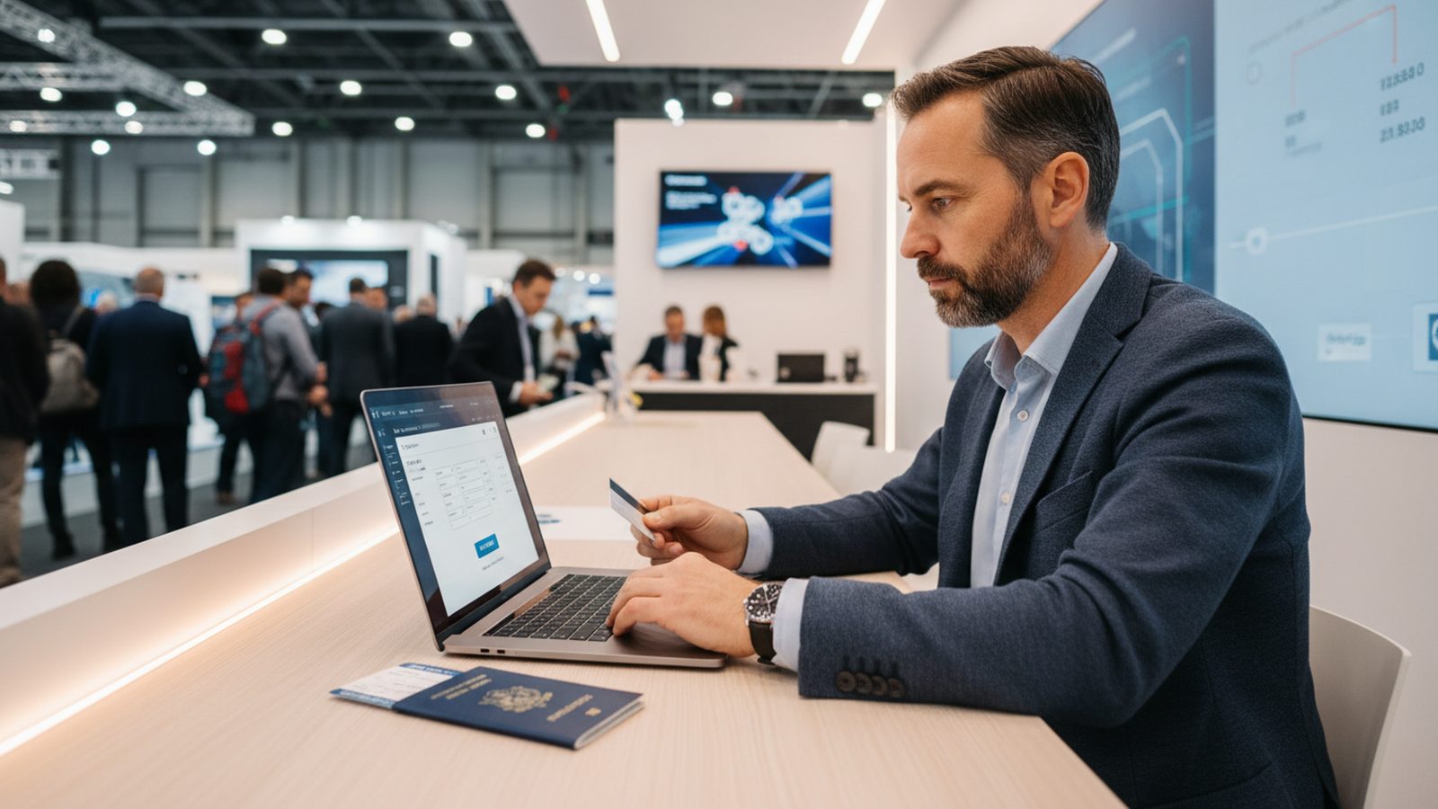 Invoice and laptop with an accounting view on a stand counter, exhibition hall in the background