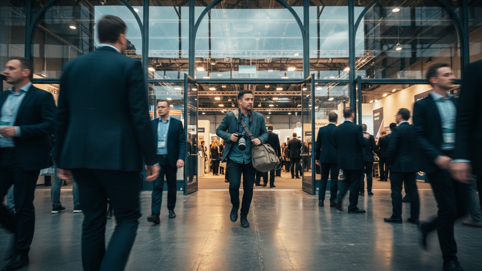 Photographer arriving at an exhibition stand early in the morning, stand manager showing hall and stand number on a phone