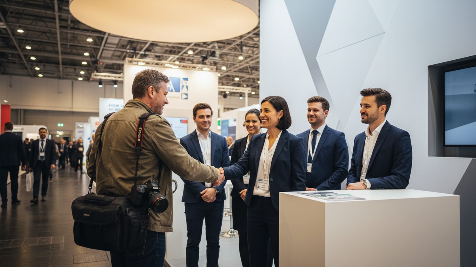 Fotograf mit Kamera begrüßt ein Ausstellerteam an dessen Stand auf einer deutschen Messe