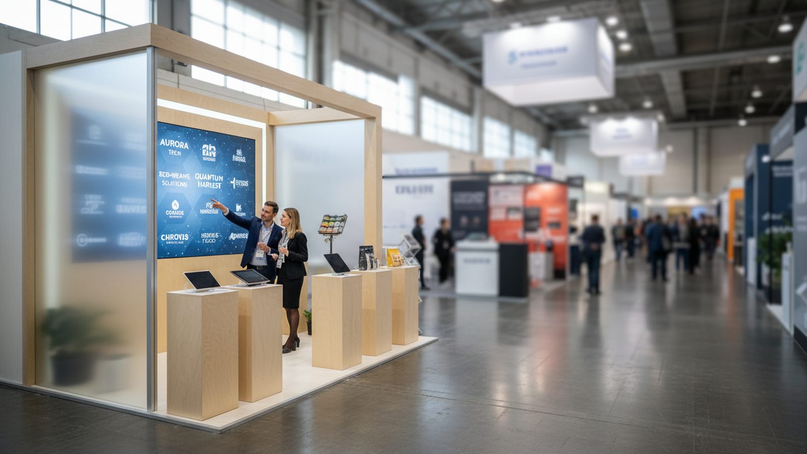 Videographer filming an exhibition stand, with logos of neighbouring stands and hall signage out of focus in the background