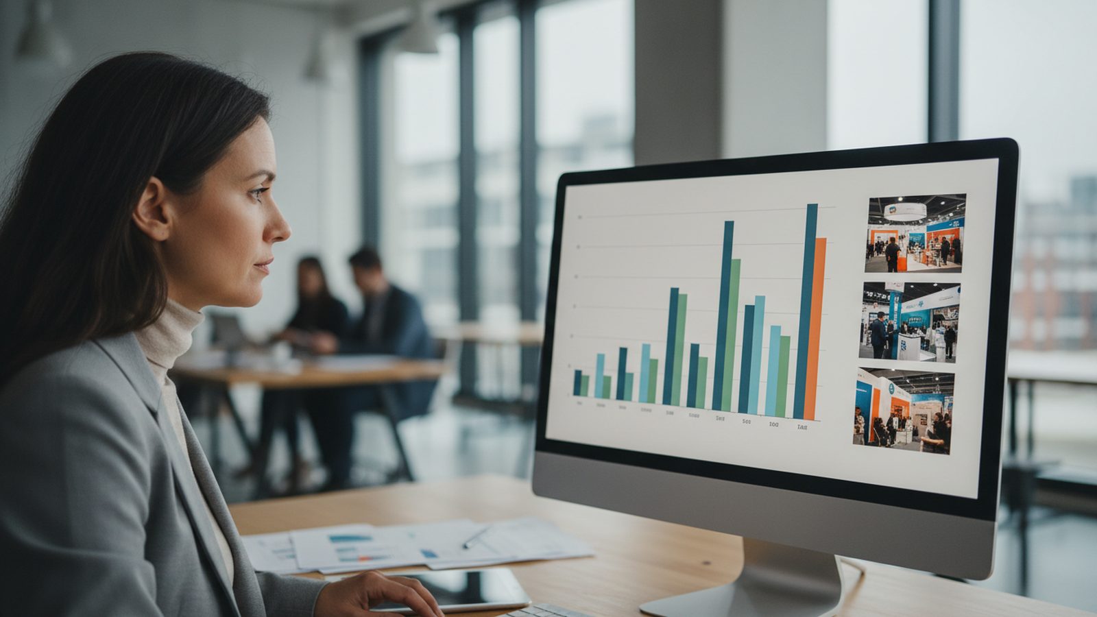 Marketing-Team wertet nach der Messe Beitragsstatistiken und Messefotos an einem großen Bildschirm aus