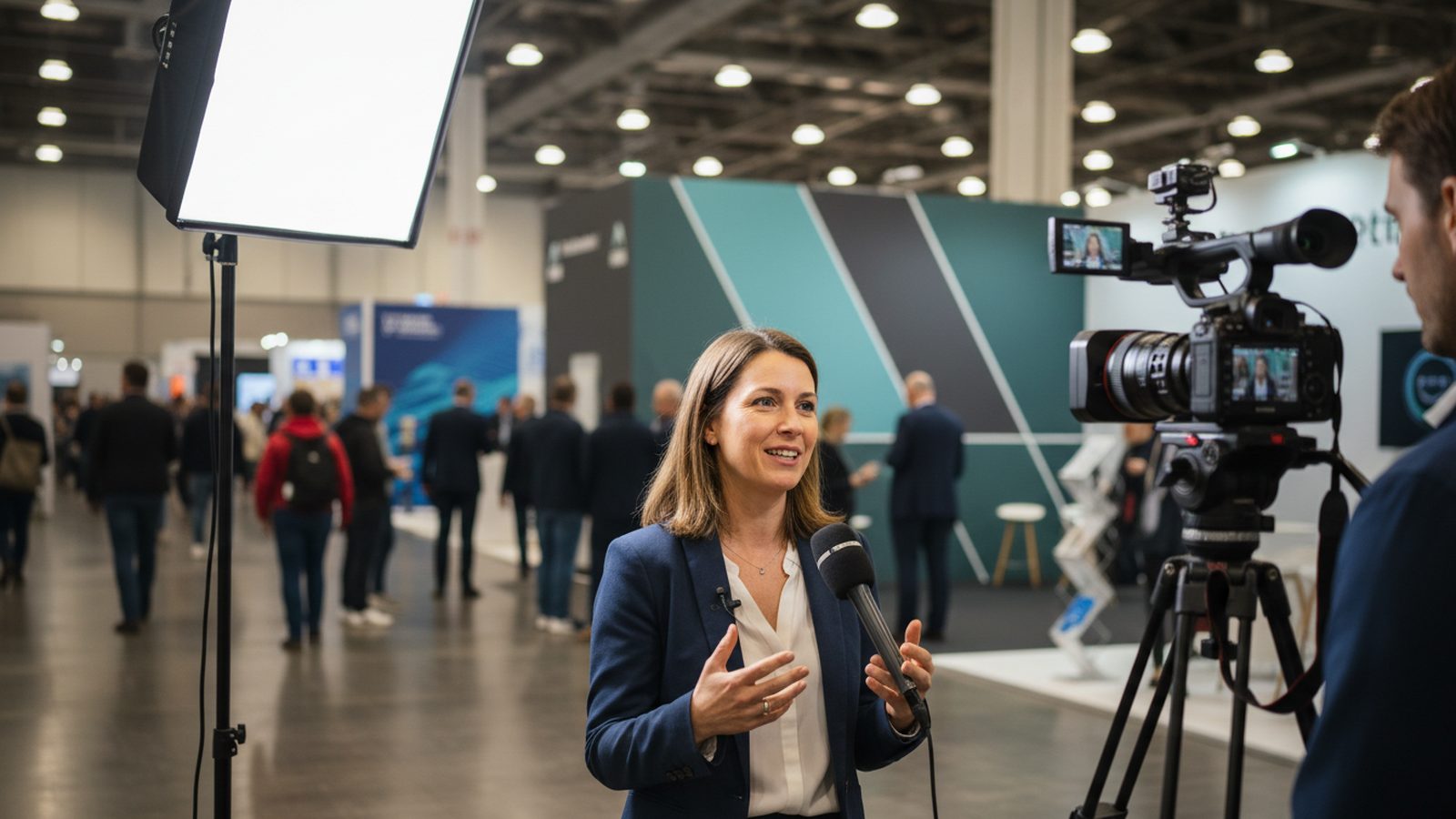 Interview mit Ansteckmikrofon an einem Messestand, im Hintergrund das Standlogo