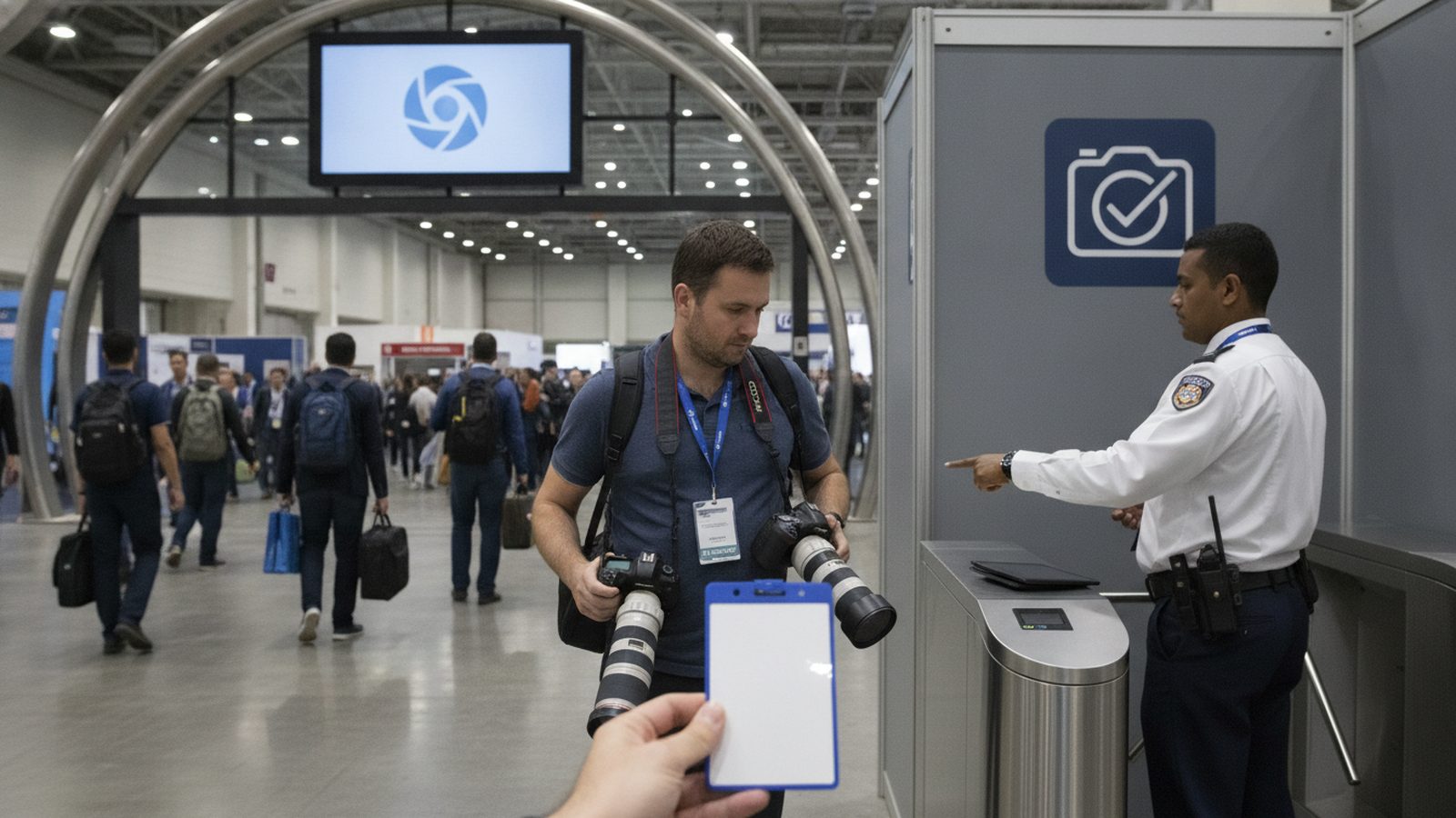 Photographer with an exhibitor pass and camera in the aisle of an exhibition hall before the show opens