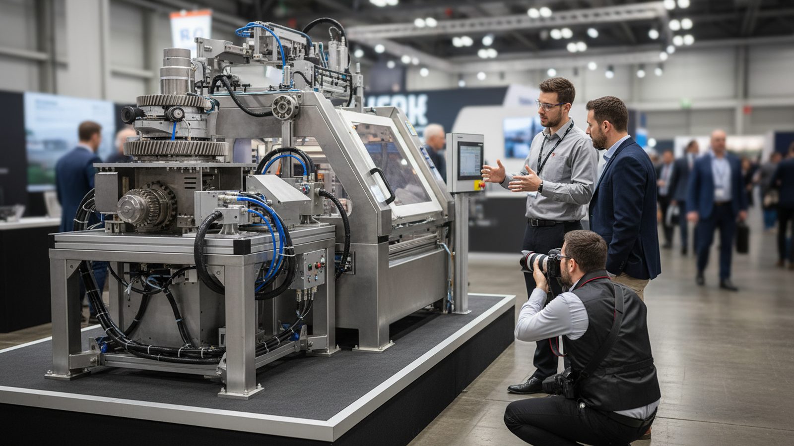 Industriemaschine auf einem Messestand, ein Techniker erklärt Besuchern die Bedienung
