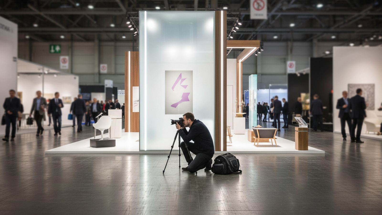 View down a trade fair aisle with several stands, logos and exhibits, your own stand in the foreground