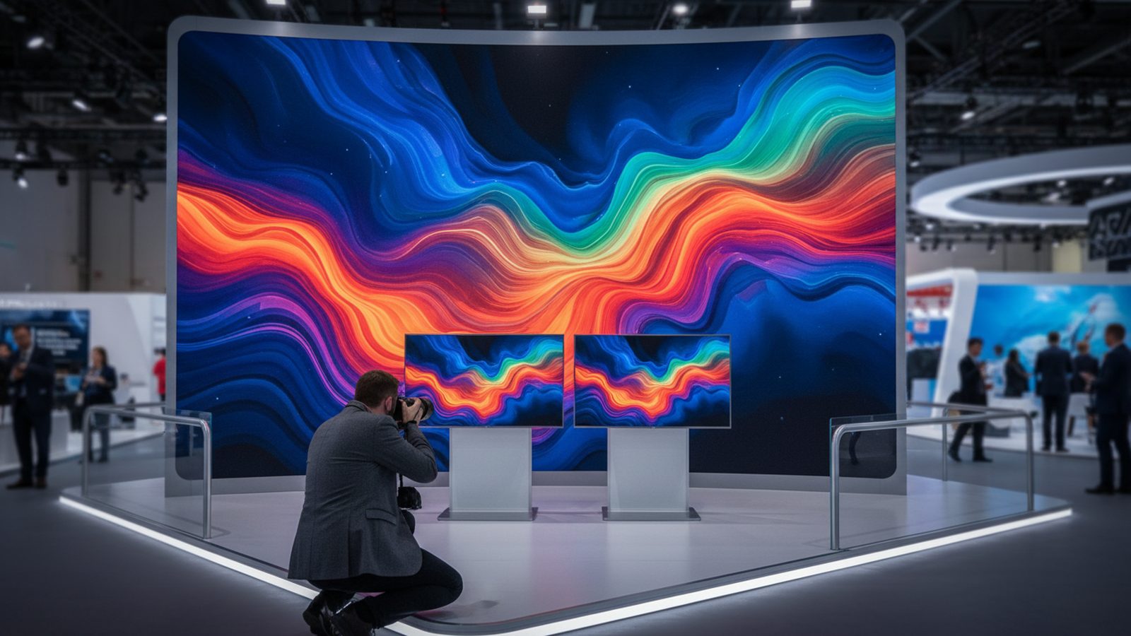 Große LED-Wand auf einem Messestand mit Markenmotiv, davor Standpersonal im Gespräch mit Besuchern