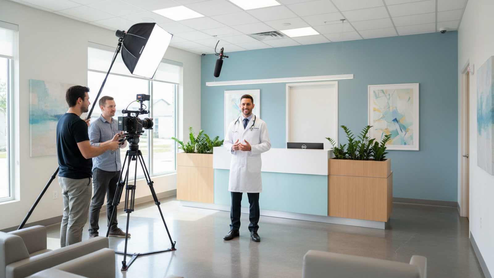 Film crew with camera, softbox and boom microphone filming a doctor in a white coat in front of the reception desk of a bright practice