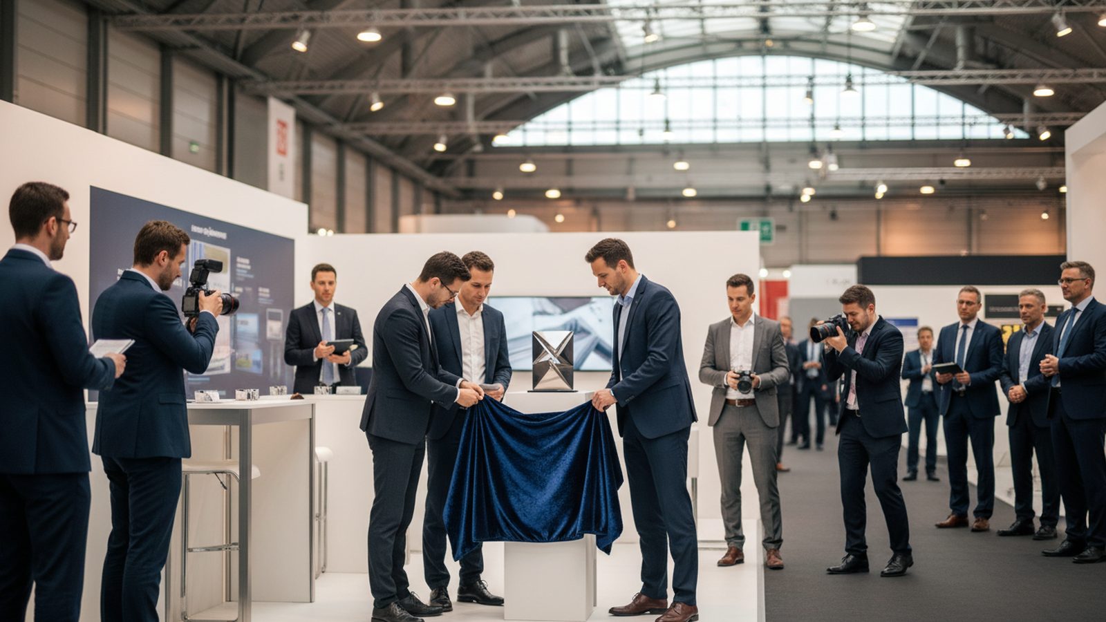 Ein neues Produkt wird am Messestand vor Publikum enthüllt, im Vordergrund ein Kameramann