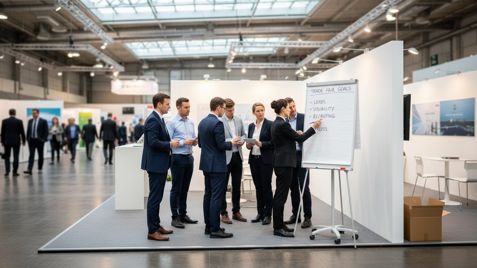 Sales director and marketing manager planning trade fair goals on a whiteboard before the show