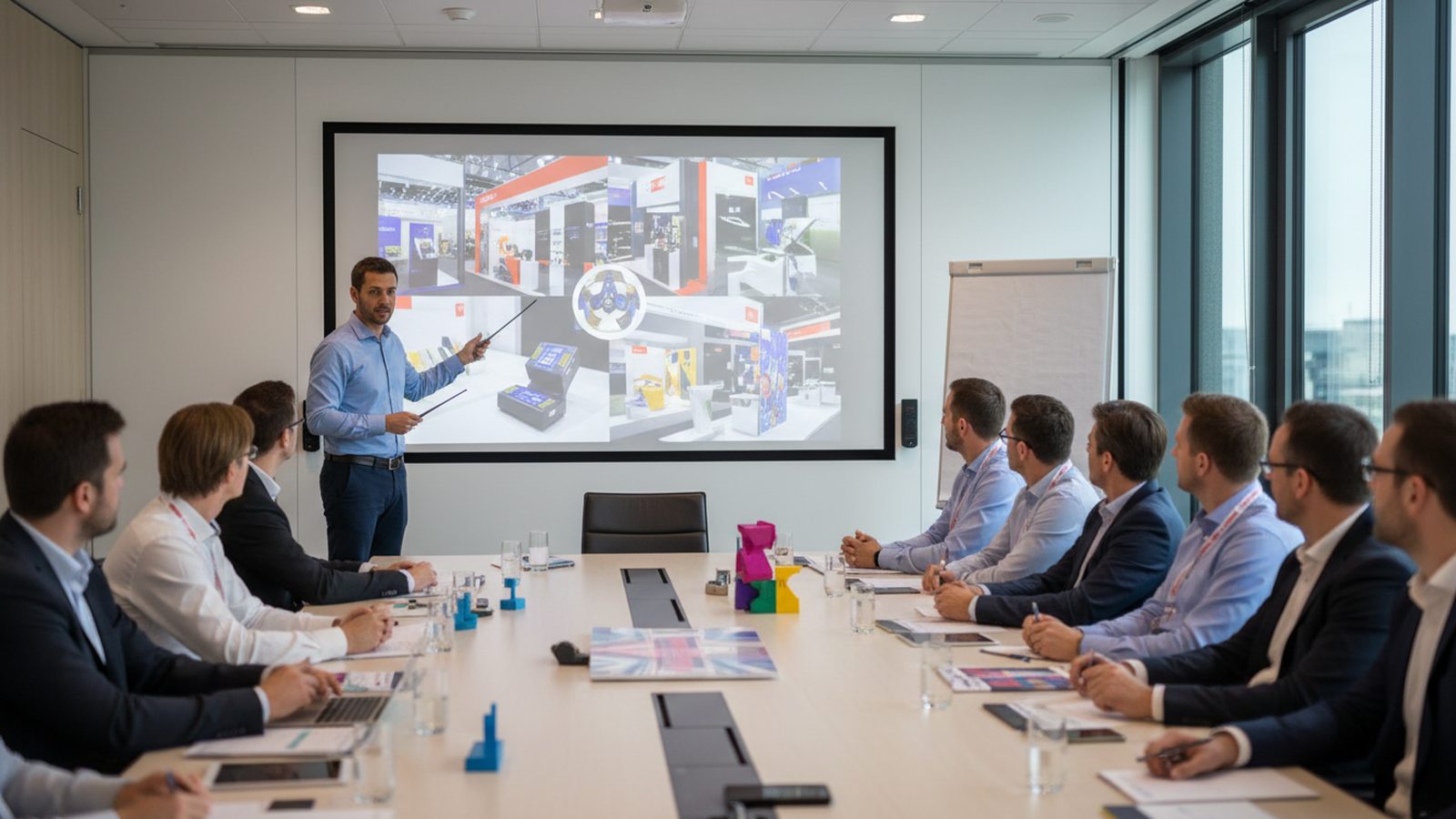 Sales trainer presenting trade fair stand footage to a team in a meeting room