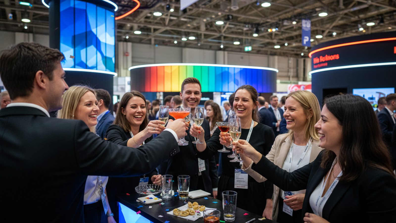Exhibitor team and guests raising glasses at a party on a trade fair stand after the show day