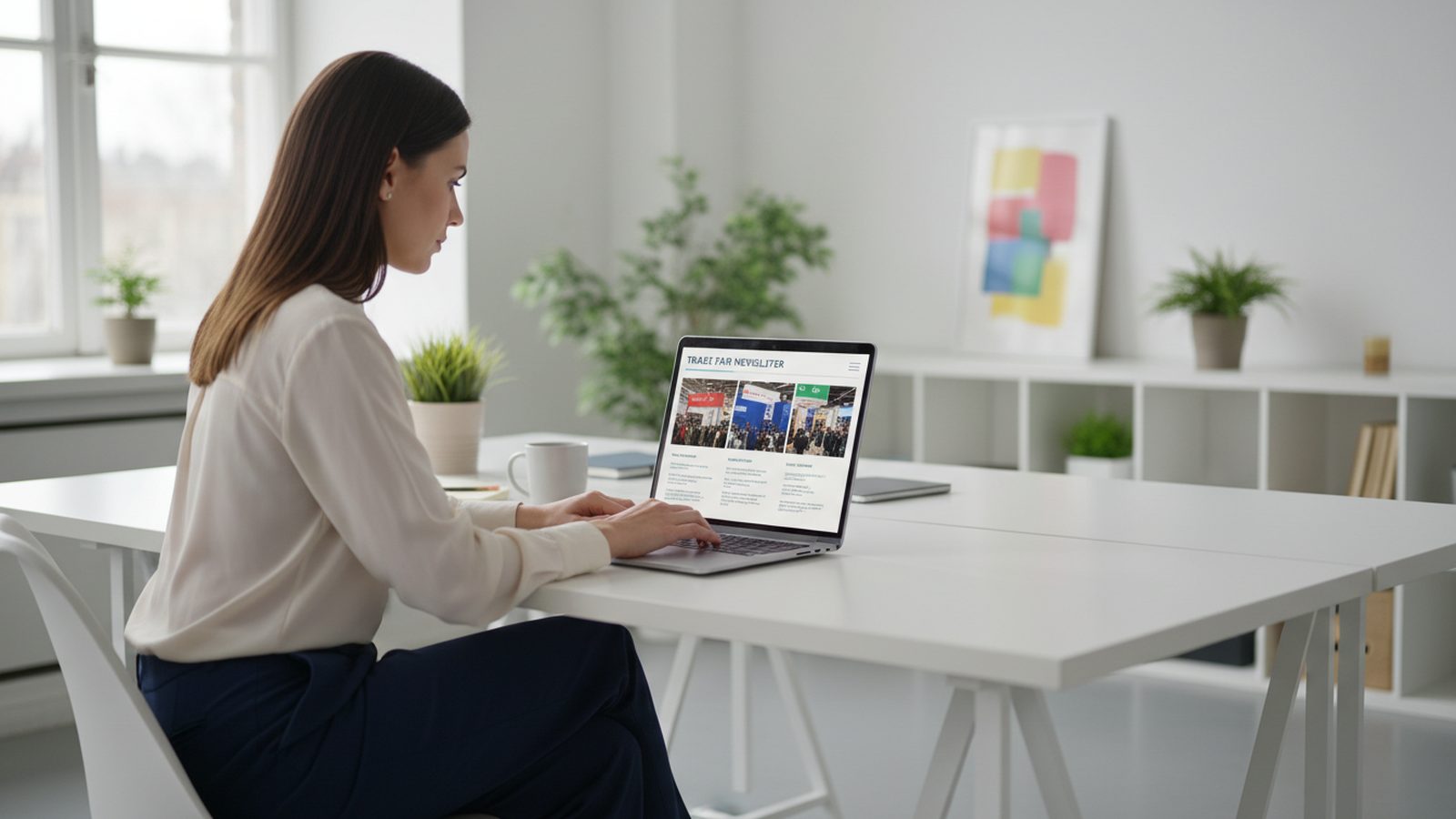 Marketingmanagerin arbeitet im Büro am Laptop an einem Newsletter mit Messefotos