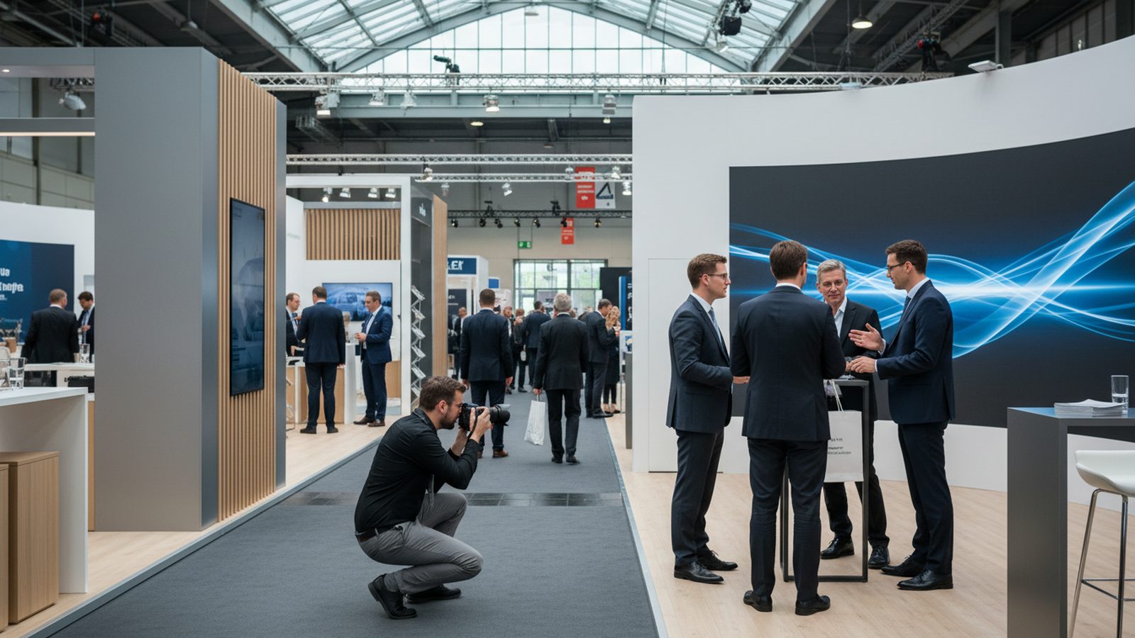 Photographer capturing a trade fair stand with staff talking to visitors in front of the brand wall