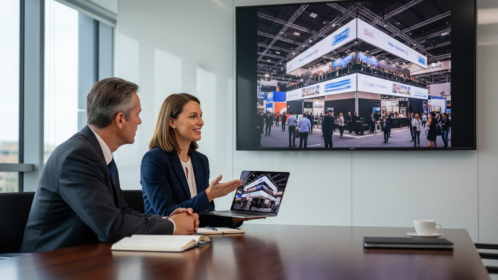 Sales team reviewing trade fair stand photos on a screen and a laptop in a meeting room