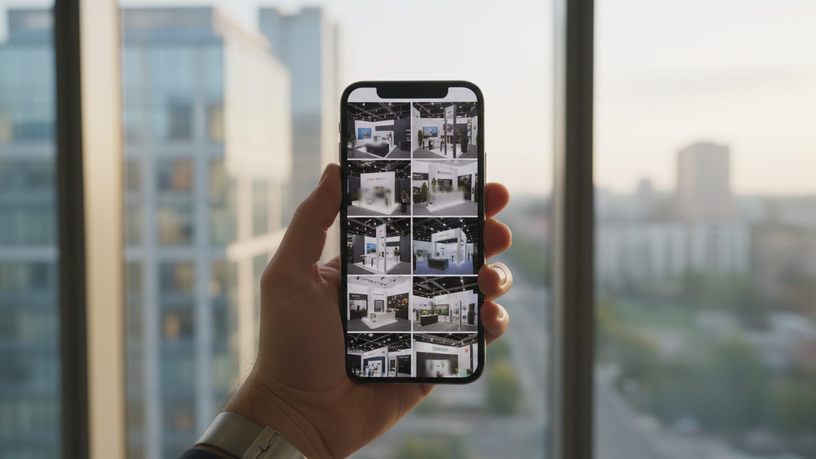 Smartphone showing a company profile in Google search with photos from a trade fair stand