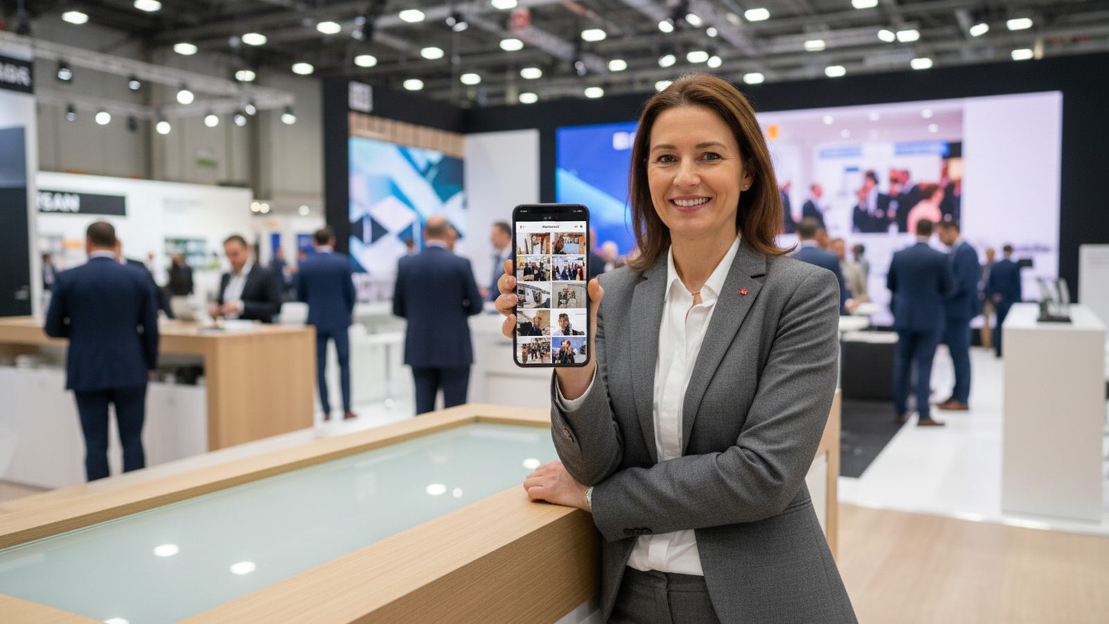 Two people in conversation on a trade fair stand, photographed for a LinkedIn post
