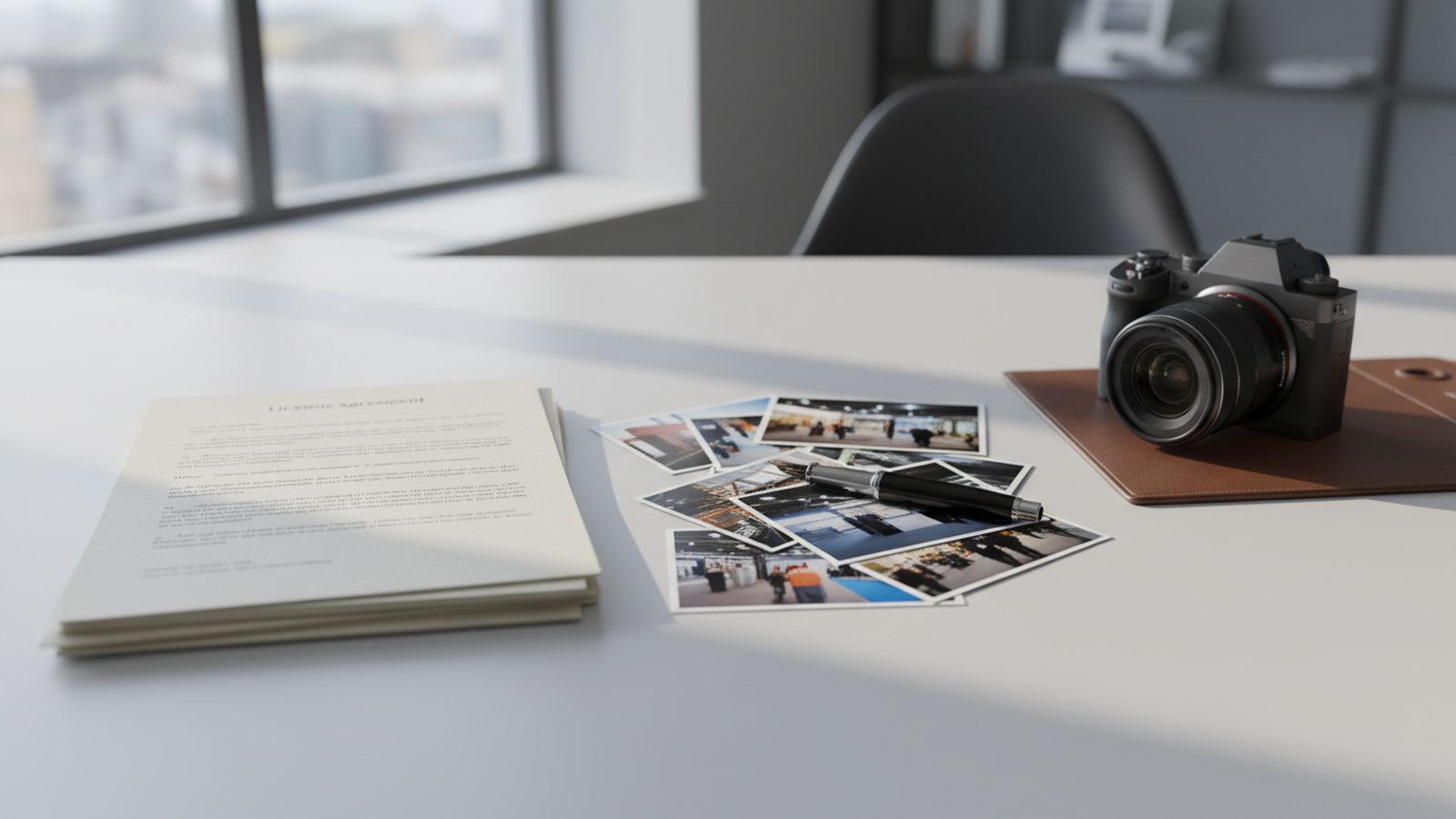 Exhibitor reviewing trade fair photos on a laptop, next to a quote with the usage rights section highlighted