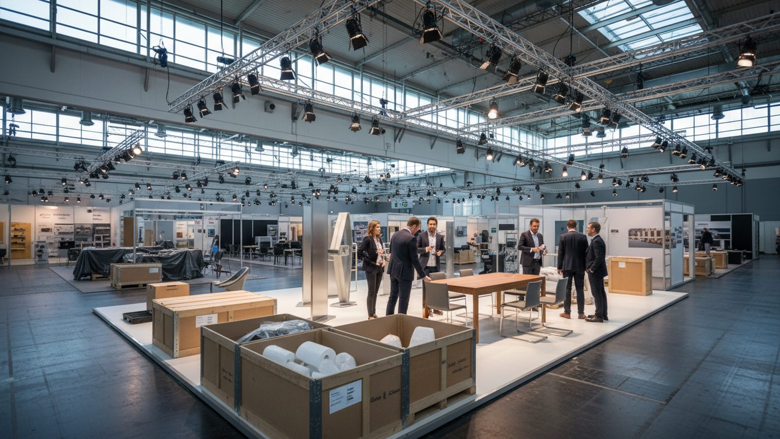 Fertig aufgebauter Messestand in einer noch leeren Halle am Abend vor Messebeginn