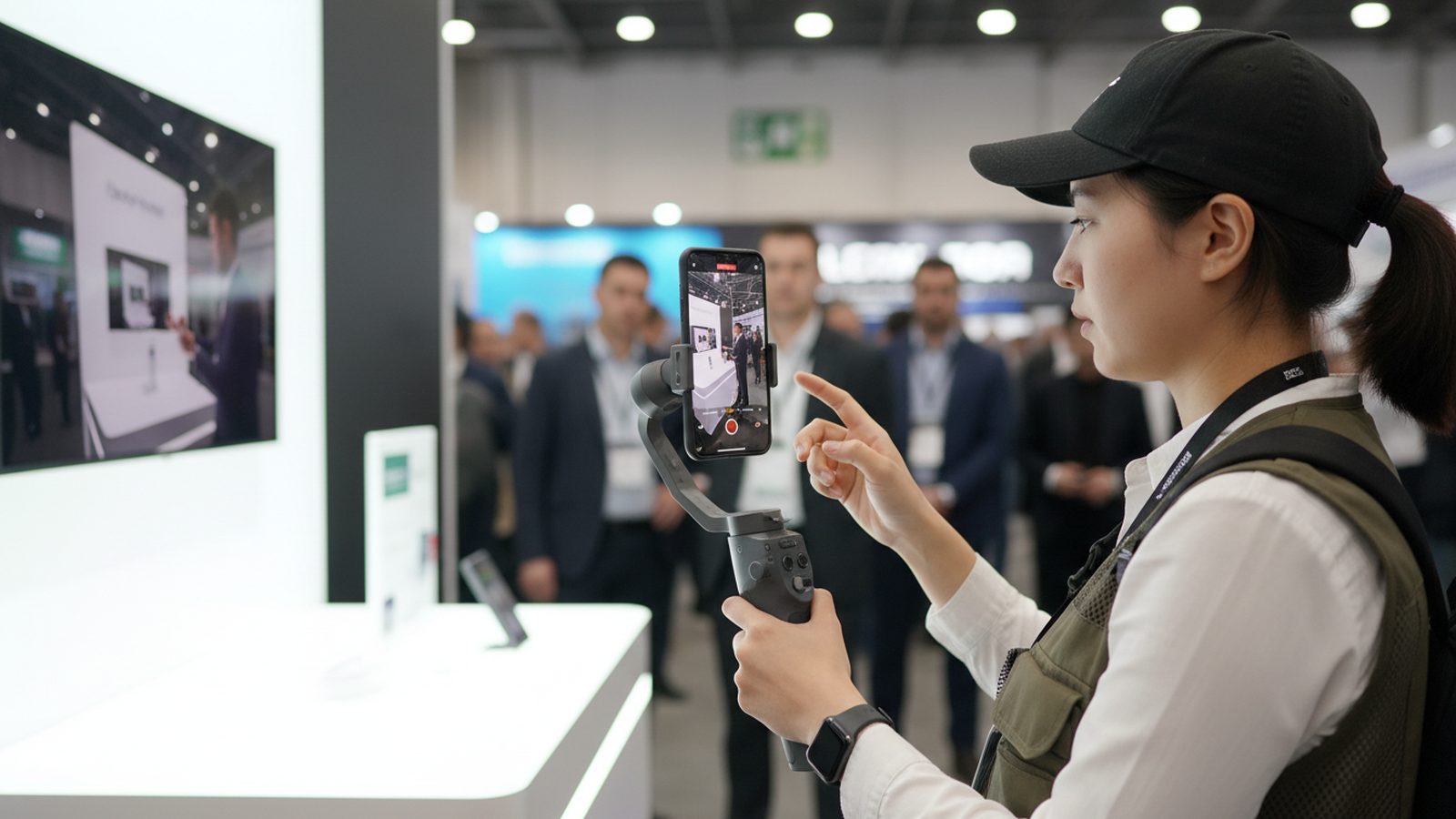 Videograf dreht mit hochkant montierter Kamera einen vertikalen Clip am Messestand