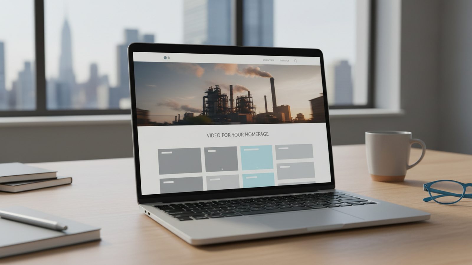 Open laptop on a wooden desk showing a website whose top section is an industrial panorama, with a city skyline in the background