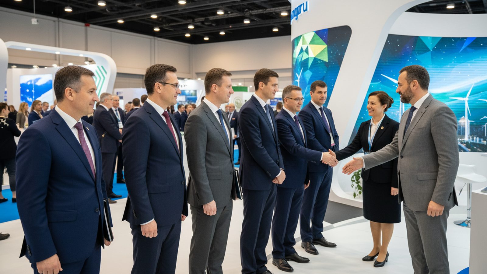 Official delegation lined up on a trade fair stand while the host greets a guest with a handshake