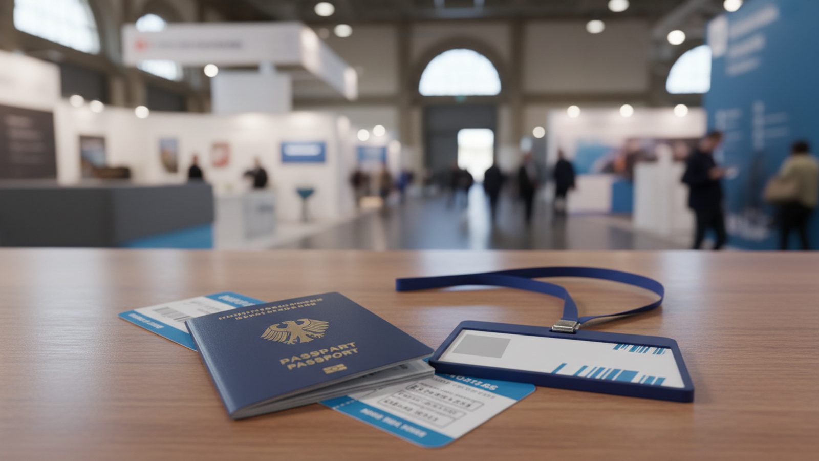 Passport, boarding passes and an exhibitor badge on a table in a German exhibition hall