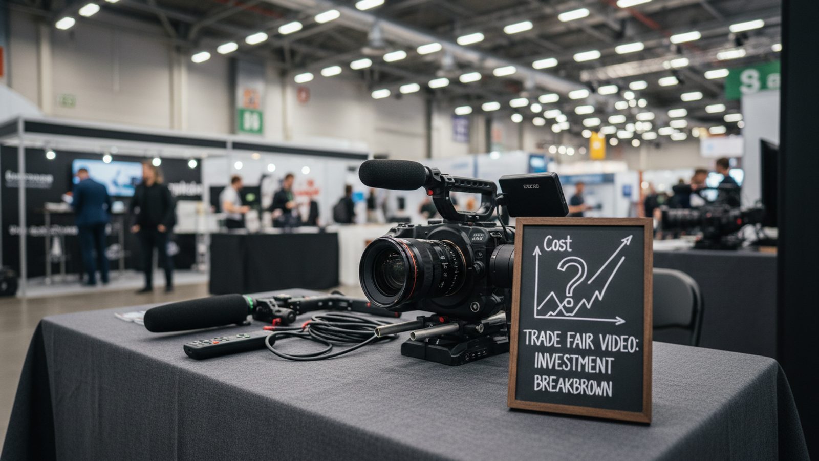 Videographer with camera and microphone filming an interview on a trade fair stand