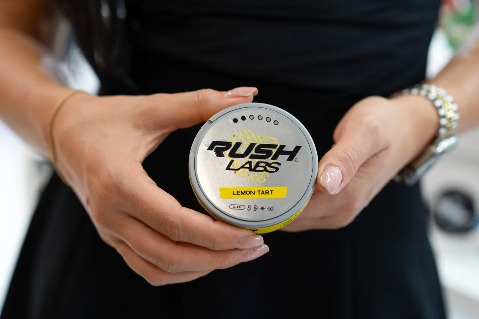 Close-up of a Rush Labs can in a hostess’s hands, InterTabac 2026